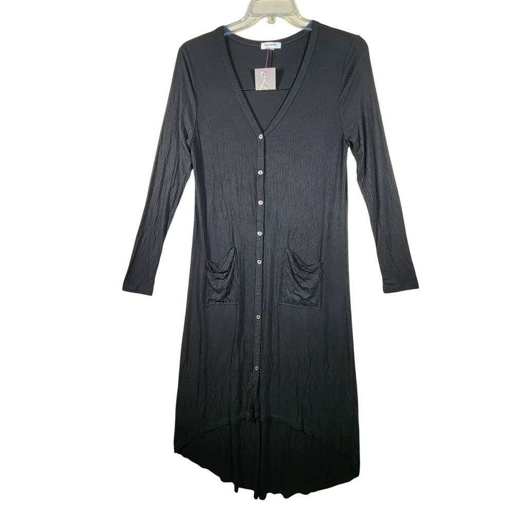 Mittoshop Womens NWT L Black Ribbed Duster Cardigan Long Button Front Boho Chic